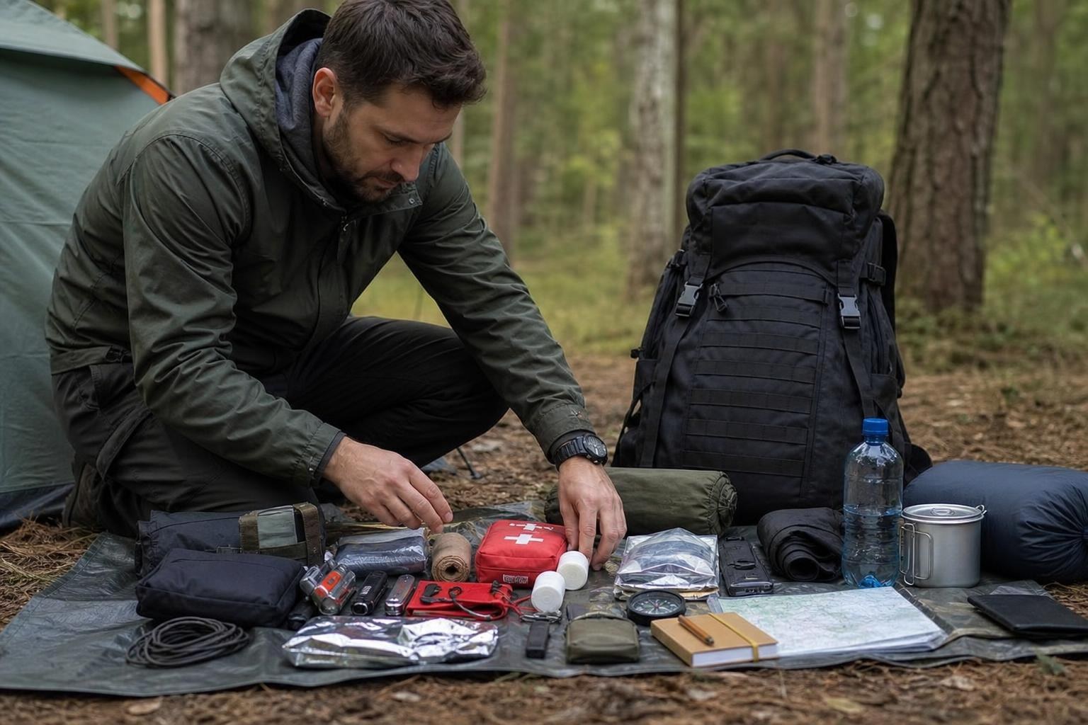 Hombre revisando el contenido de un kit de supervivencia con botiquín, cuerda, mochila y agua en el bosque